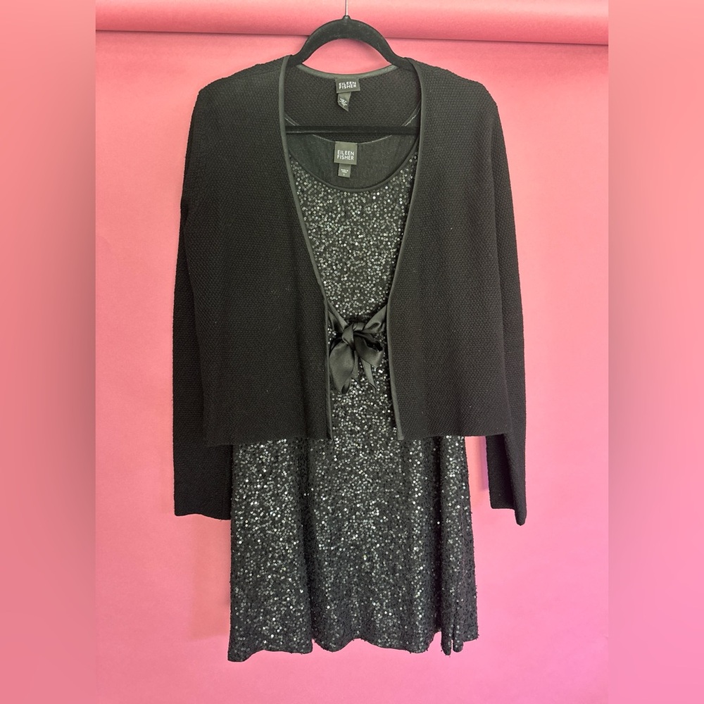 Eileen Fisher Black Sequin Dress and Sweater with Satin Tie. Size L